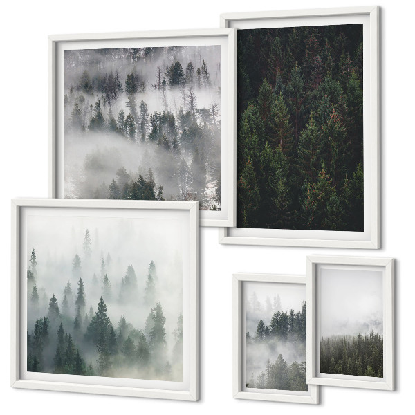 Set de 5 cuadros para salón Bosques verdes de paisajes brumosos