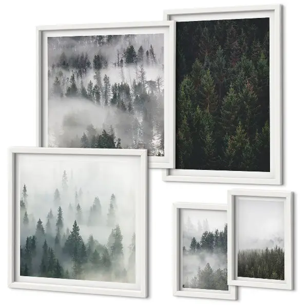 Set de 5 cuadros para salón con diseño de paisajes de bosques verdes brumosos