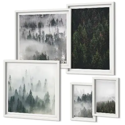Set de 5 cuadros para salón con diseño de paisajes de bosques verdes brumosos