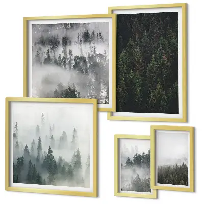 Set de 5 cuadros para salón con diseño de paisajes de bosques verdes brumosos