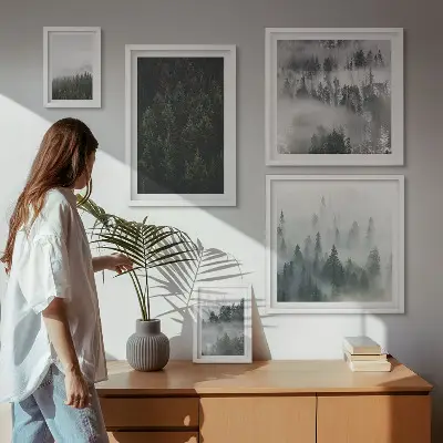 Set de 5 cuadros para salón con diseño de paisajes de bosques verdes brumosos