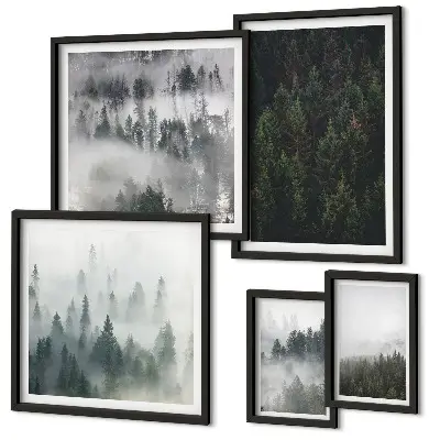 Set de 5 cuadros para salón con diseño de paisajes de bosques verdes brumosos