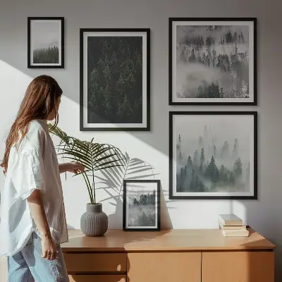 Set de 5 cuadros para salón con diseño de paisajes de bosques verdes brumosos