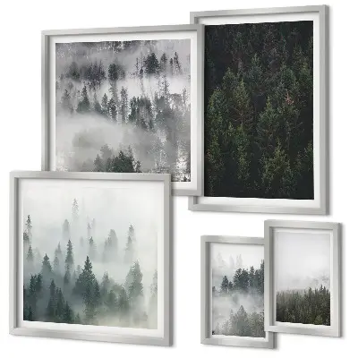Set de 5 cuadros para salón con diseño de paisajes de bosques verdes brumosos