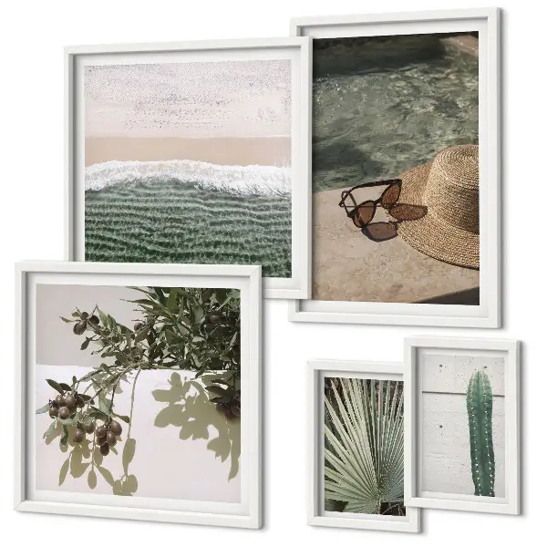 Set de 5 cuadros para salón diseño de relajación acuática con plantas de verano