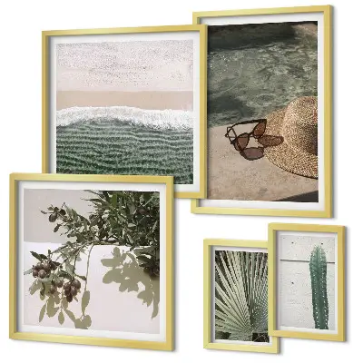 Set de 5 cuadros para salón diseño de relajación acuática con plantas de verano