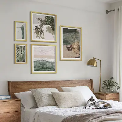 Set de 5 cuadros para salón diseño de relajación acuática con plantas de verano