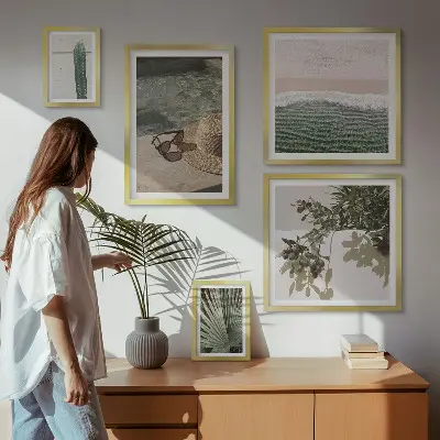 Set de 5 cuadros para salón diseño de relajación acuática con plantas de verano