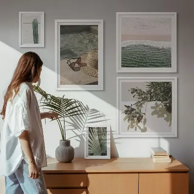 Set de 5 cuadros para salón diseño de relajación acuática con plantas de verano