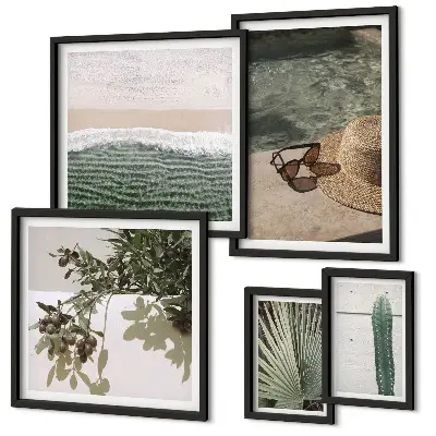 Set de 5 cuadros para salón diseño de relajación acuática con plantas de verano