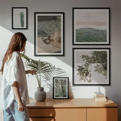 Set de 5 cuadros para salón diseño de relajación acuática con plantas de verano