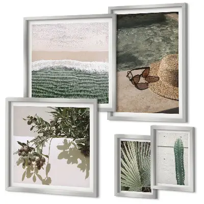 Set de 5 cuadros para salón diseño de relajación acuática con plantas de verano
