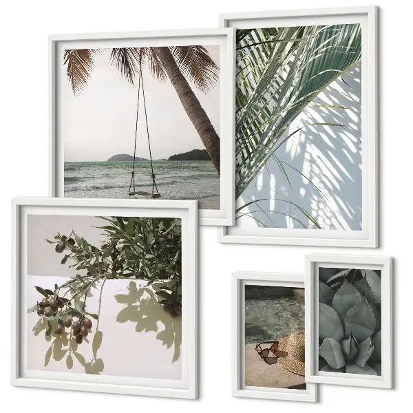 Set de 5 cuadros para salón con diseño de plantas tropicales relajantes