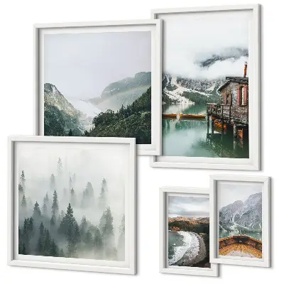 Pared de galería de arte paisajes de montaña, casas y agua