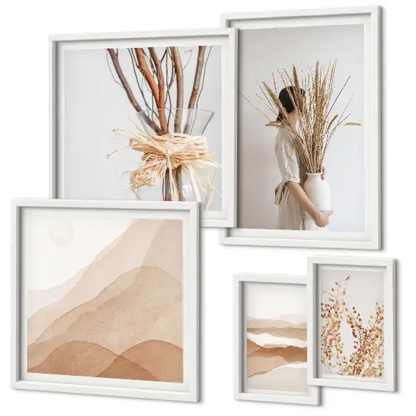 Set de 5 cuadros para salón con paisajes de plantas en estilo bohemio y elegante