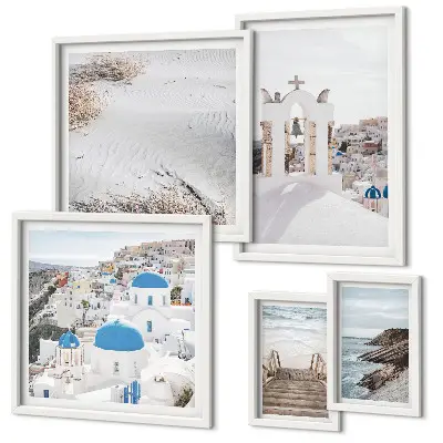Set de 5 cuadros para salón paisajes blancos de Grecia