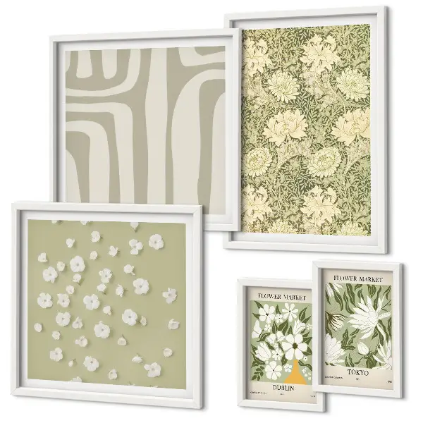 Set de 5 cuadros para salón diseño de planta bohemia con flores