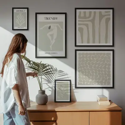 Set de 5 cuadros para salón con motivos de gráficos abstractos verdes