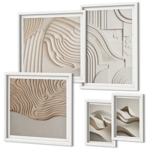 Pared galería de arte estructuras abstractas en tonos beige y blanco