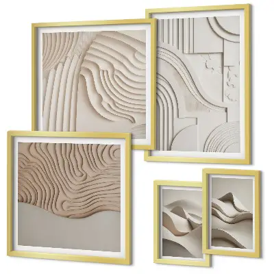 Pared galería de arte estructuras abstractas en tonos beige y blanco