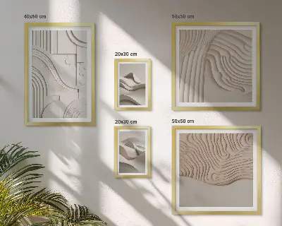 Pared galería de arte estructuras abstractas en tonos beige y blanco
