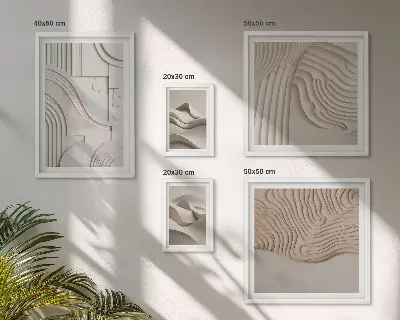 Pared galería de arte estructuras abstractas en tonos beige y blanco