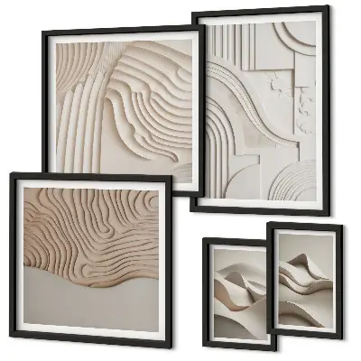 Pared galería de arte estructuras abstractas en tonos beige y blanco