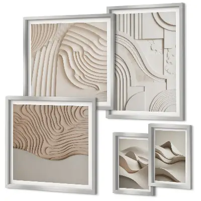 Pared galería de arte estructuras abstractas en tonos beige y blanco