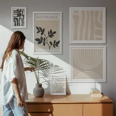 Conjunto de cuadros decorativos con motivos vegetales en tonos neutros