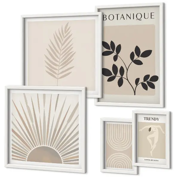 Set de 5 cuadros para salón con elegantes decoraciones florales geométricas