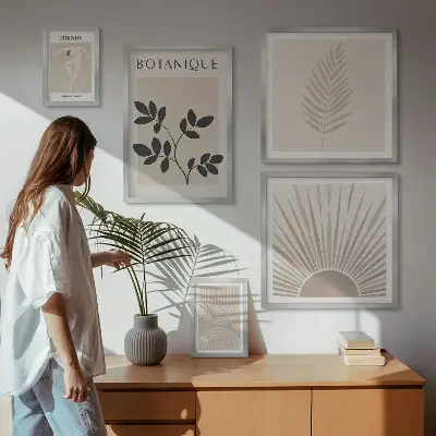 Set de 5 cuadros para salón con elegantes decoraciones florales geométricas