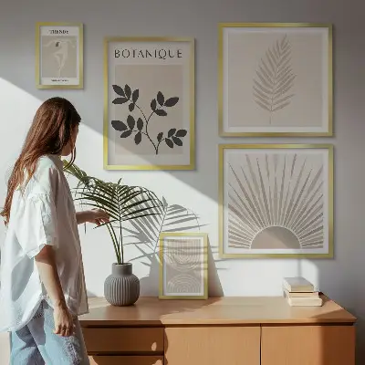 Set de 5 cuadros para salón con elegantes decoraciones florales geométricas