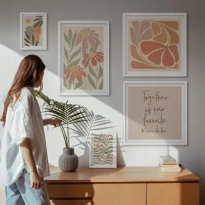 Pared galería de arte con decoraciones elegantes de flores naturales