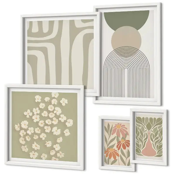 Set de 5 cuadros para salón con diseños gráficos de plantas en estilo pastel
