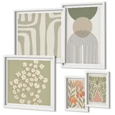 Set de 5 cuadros para salón con diseños gráficos de plantas en estilo pastel