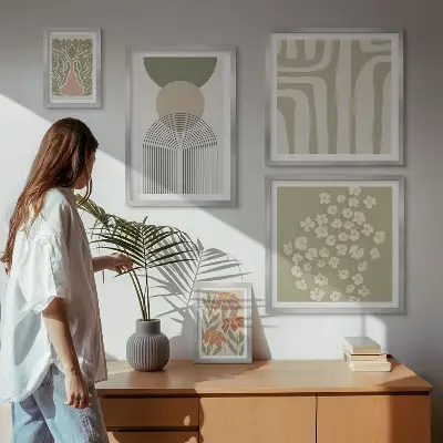 Set de 5 cuadros para salón con diseños gráficos de plantas en estilo pastel
