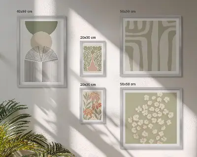 Set de 5 cuadros para salón con diseños gráficos de plantas en estilo pastel