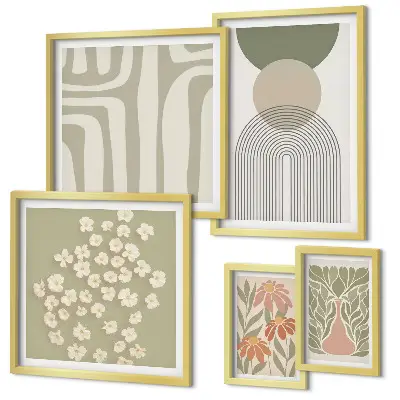 Set de 5 cuadros para salón con diseños gráficos de plantas en estilo pastel
