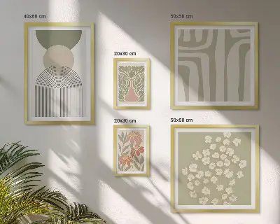 Set de 5 cuadros para salón con diseños gráficos de plantas en estilo pastel