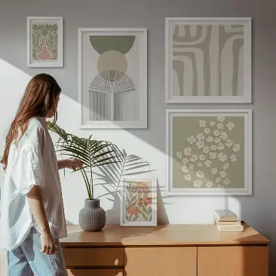 Set de 5 cuadros para salón con diseños gráficos de plantas en estilo pastel