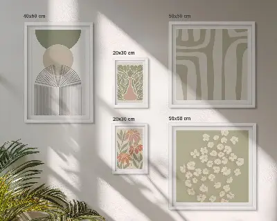 Set de 5 cuadros para salón con diseños gráficos de plantas en estilo pastel