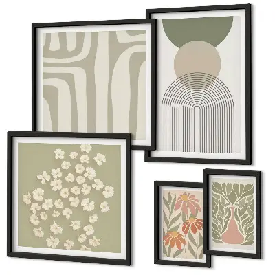 Set de 5 cuadros para salón con diseños gráficos de plantas en estilo pastel