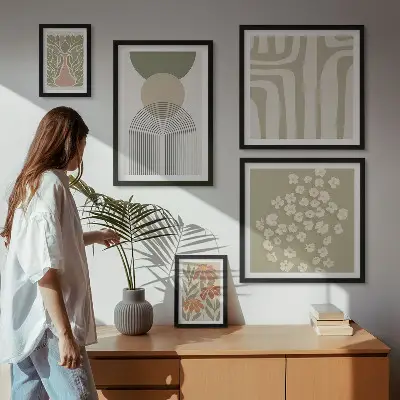 Set de 5 cuadros para salón con diseños gráficos de plantas en estilo pastel
