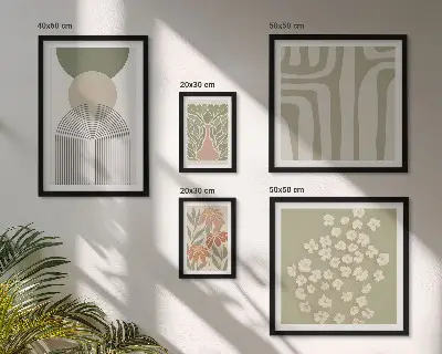 Set de 5 cuadros para salón con diseños gráficos de plantas en estilo pastel