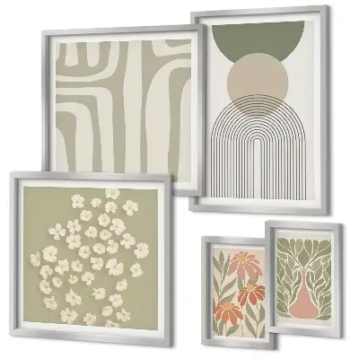 Set de 5 cuadros para salón con diseños gráficos de plantas en estilo pastel