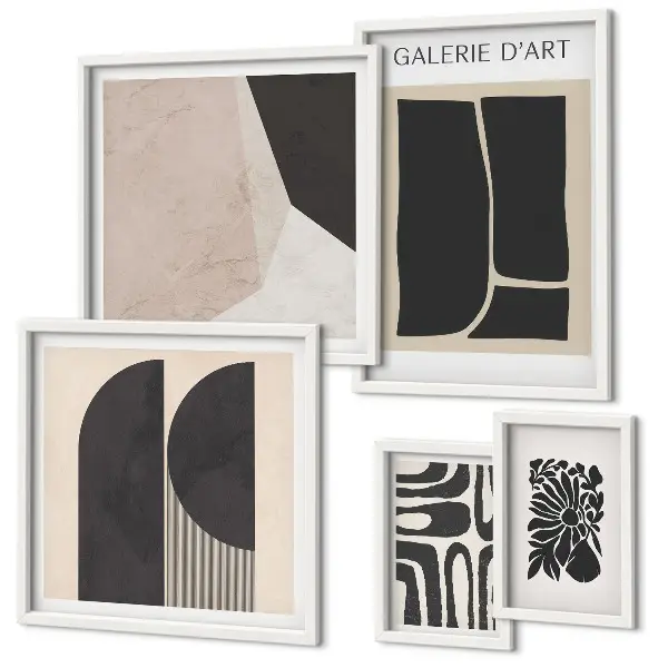 Pared galería de arte con gráficos minimalistas y elegantes