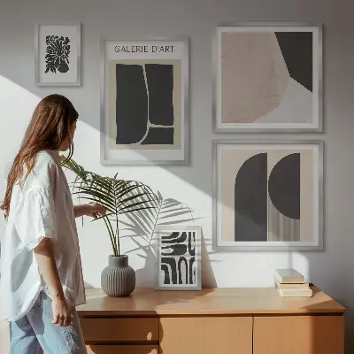 Pared galería de arte con gráficos minimalistas y elegantes