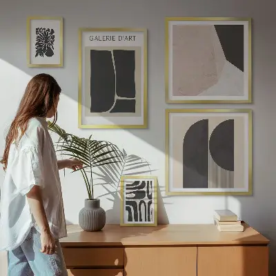 Pared galería de arte con gráficos minimalistas y elegantes