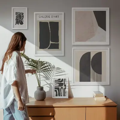 Pared galería de arte con gráficos minimalistas y elegantes