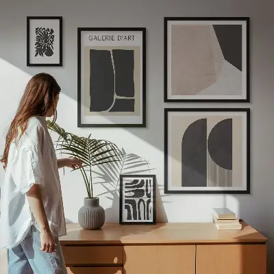 Pared galería de arte con gráficos minimalistas y elegantes